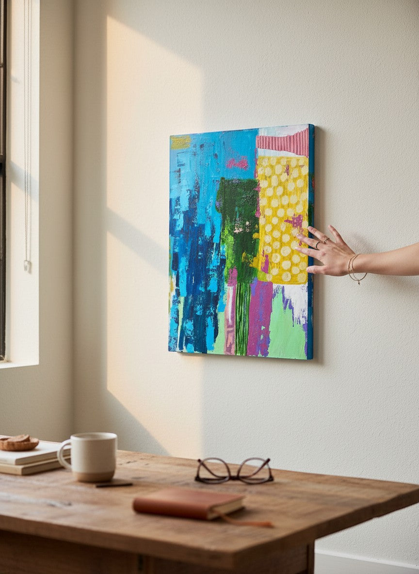 Chic Collective Collected Joy abstract painting with cobalt, turquoise, green, lavender, blush, and yellow hues. Textured.