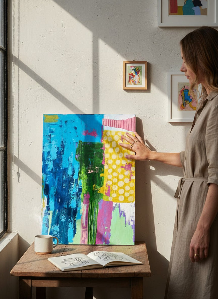 Chic Collective Collected Joy abstract painting with bold blues, greens, yellow, and pink. Textured and layered.