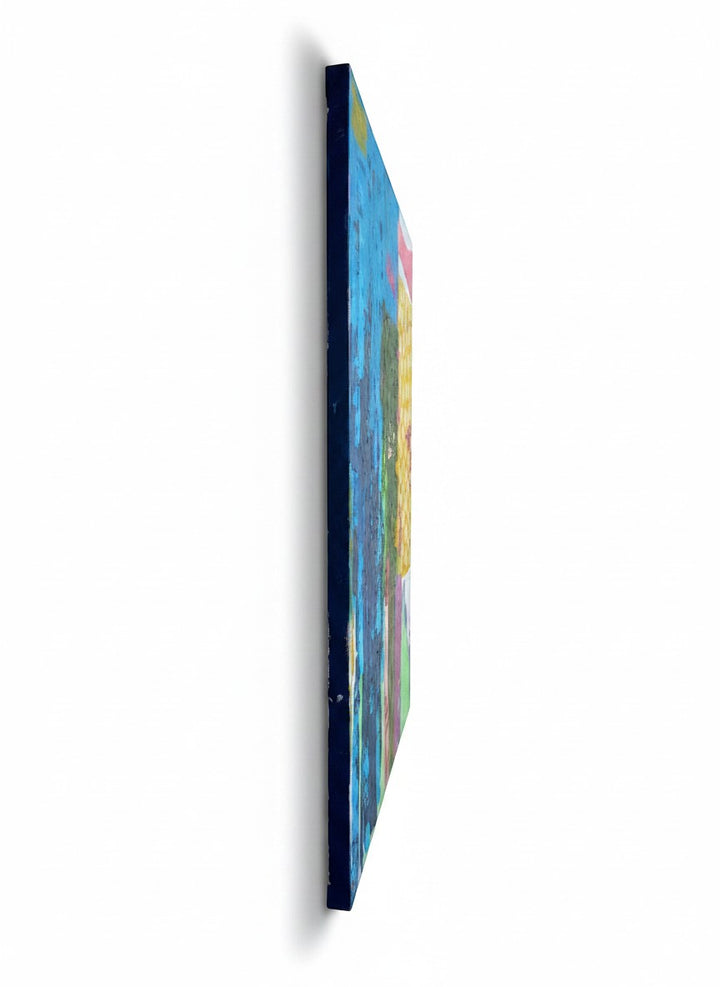 Chic Collective Collected Joy abstract painting with cobalt, turquoise, green, lavender, blush, and yellow hues. Textured dots and expressive brushwork.