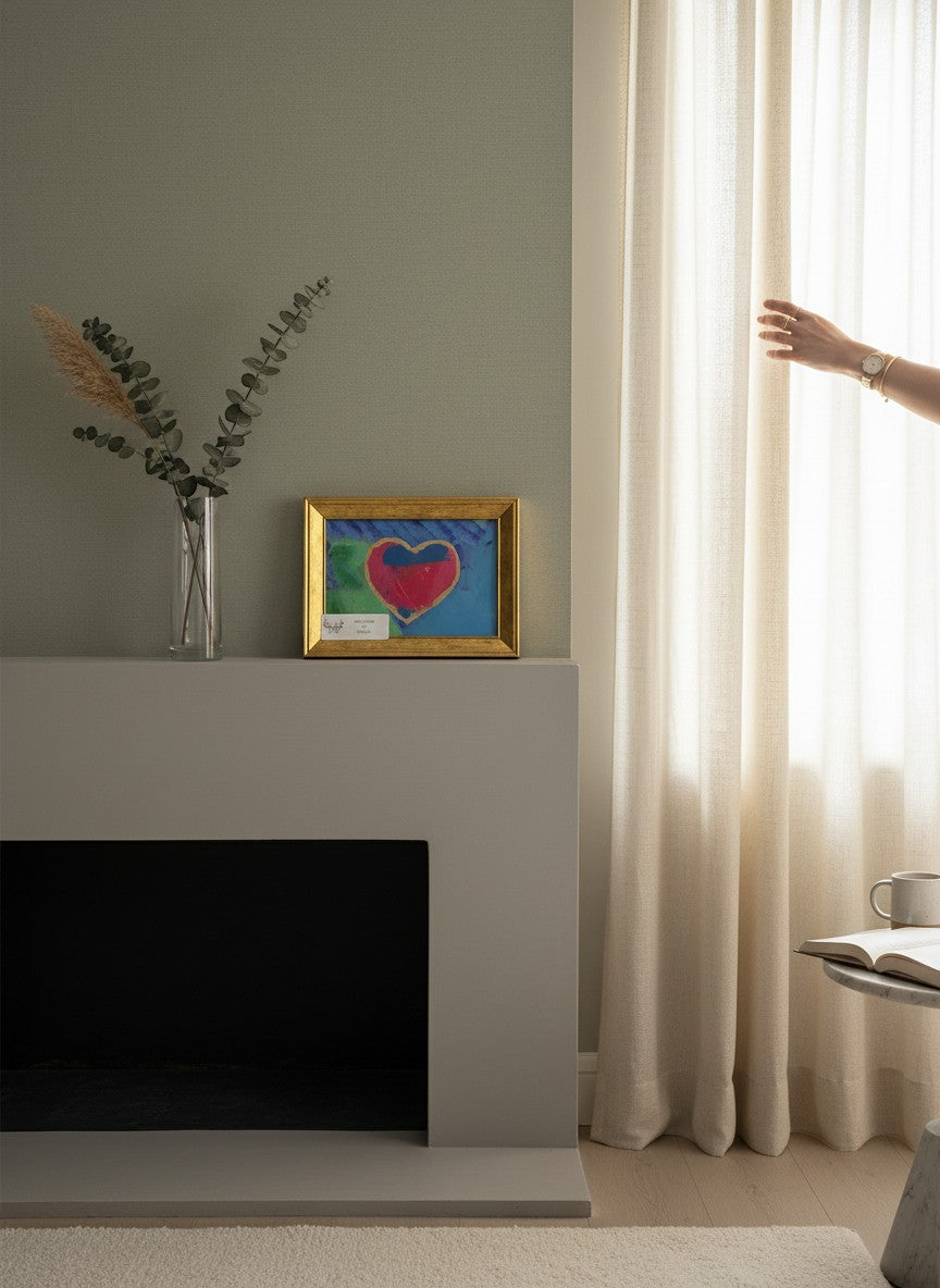 Chic Collective Color Me Loved abstract art with pink heart, gold trim, and turquoise background in a gold frame.