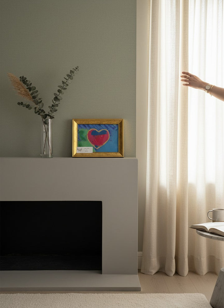 Chic Collective Color Me Loved abstract art with pink heart, gold trim, and turquoise background in a gold frame.