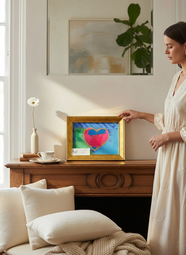 Chic Collective Color Me Loved abstract art with pink heart, gold trim, turquoise, cobalt, and emerald background. Framed.