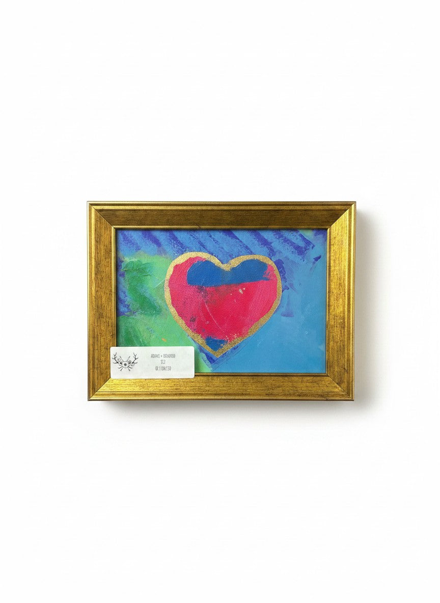 Chic Collective Color Me Loved abstract painting with pink and blue heart, gold trim, turquoise and green background.