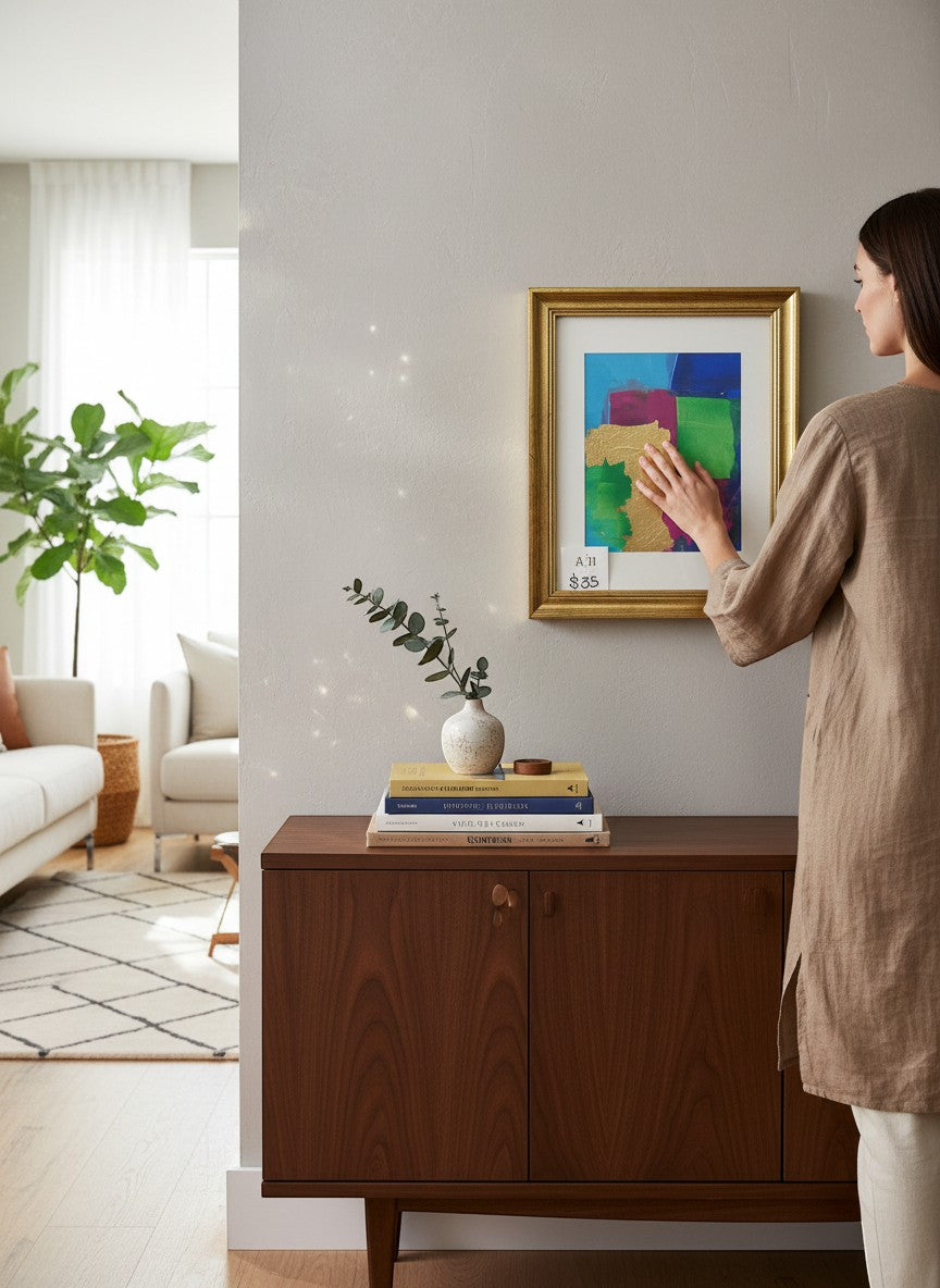 Chic Collective Color Theory in Gold abstract art with gold leaf accents, featuring emerald, orchid, cobalt, and turquoise blocks.