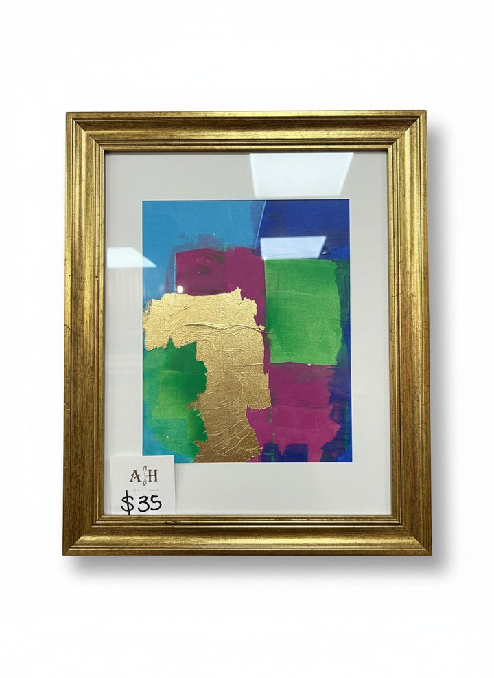 Chic Collective Color Theory in Gold framed abstract art with emerald, orchid, cobalt, turquoise blocks and gold leaf texture.
