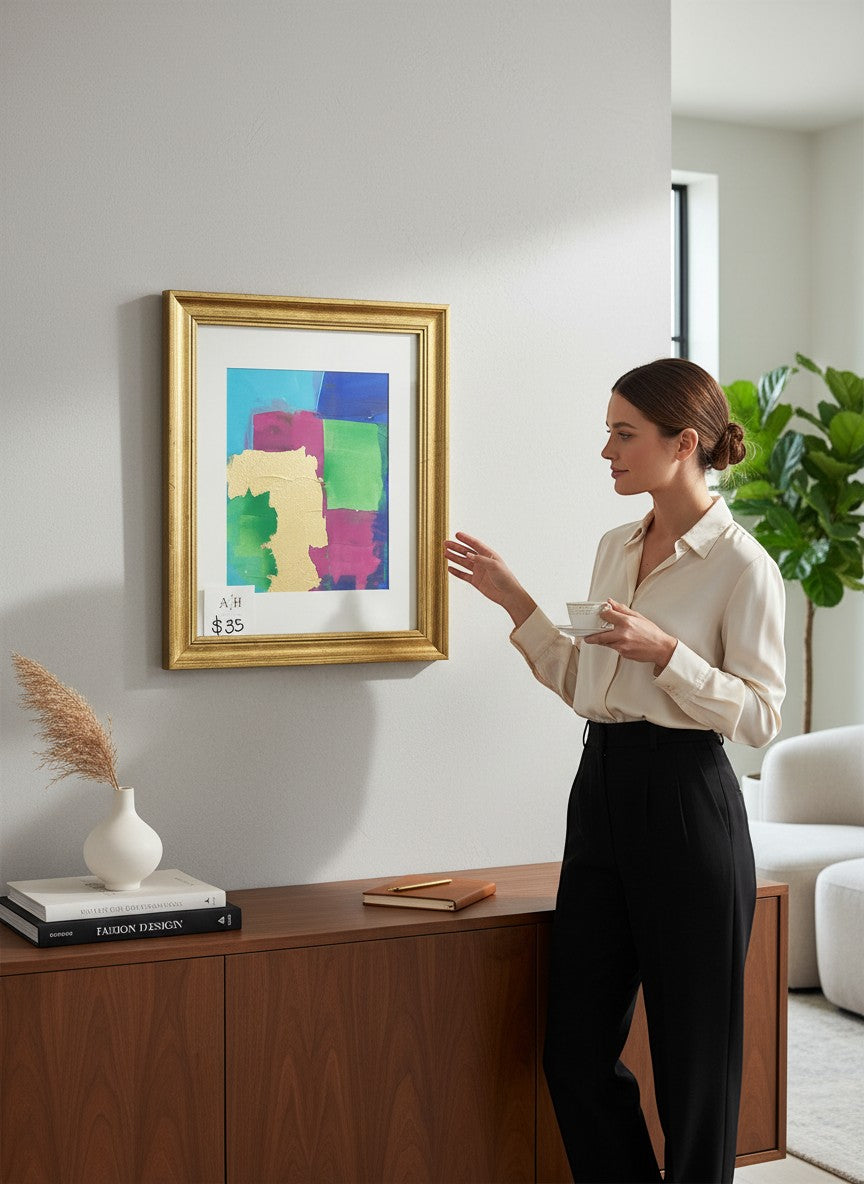 Chic Collective Color Theory in Gold abstract painting with gold leaf accents, featuring emerald, orchid, cobalt, and turquoise blocks.