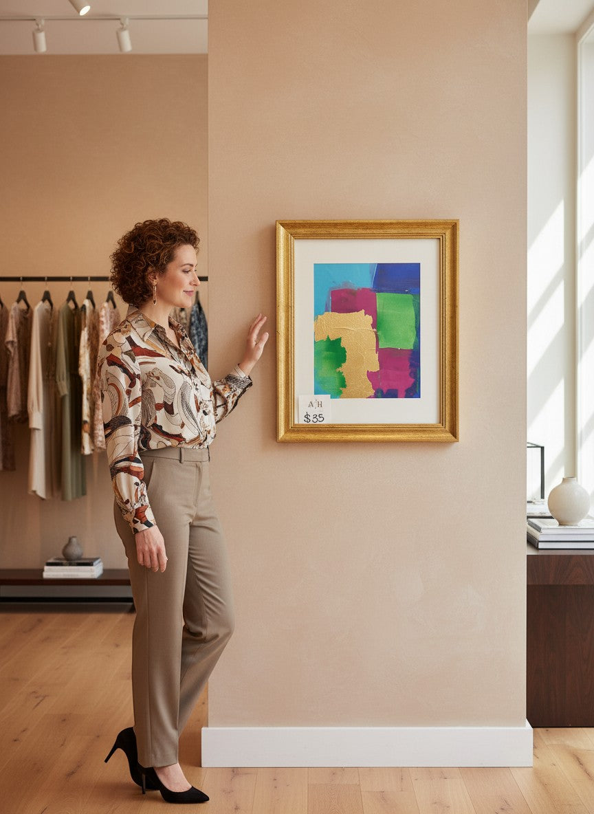 Chic Collective Color Theory in Gold abstract painting with gold leaf accents, featuring emerald, orchid, cobalt, and turquoise blocks.