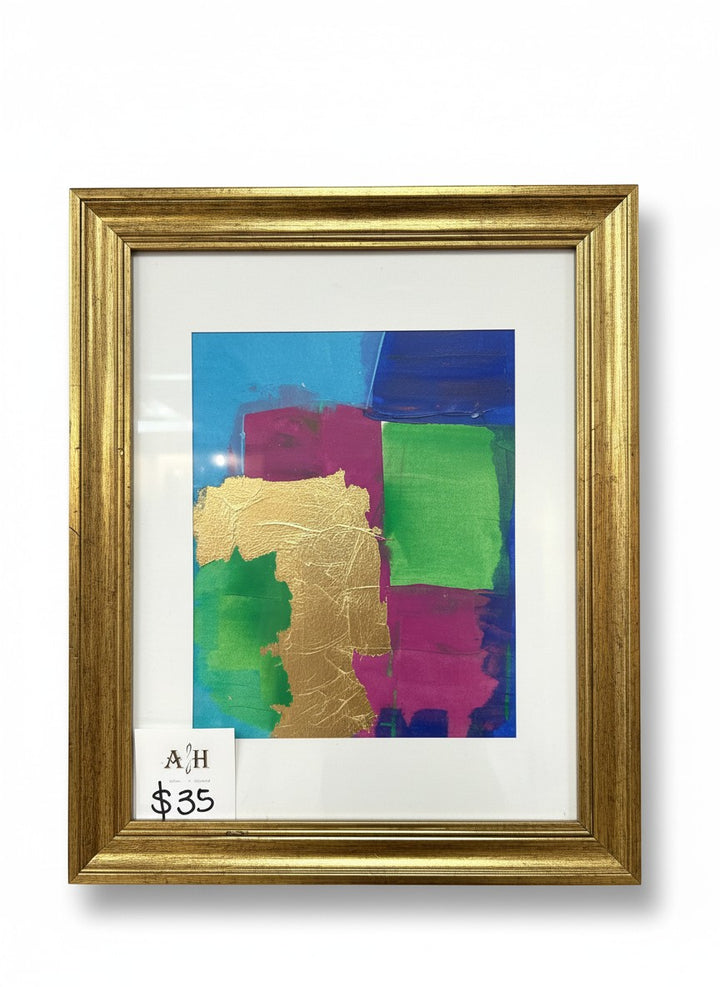 Chic Collective Color Theory in Gold abstract art with gold leaf, featuring blocks of emerald, orchid, cobalt, and turquoise.