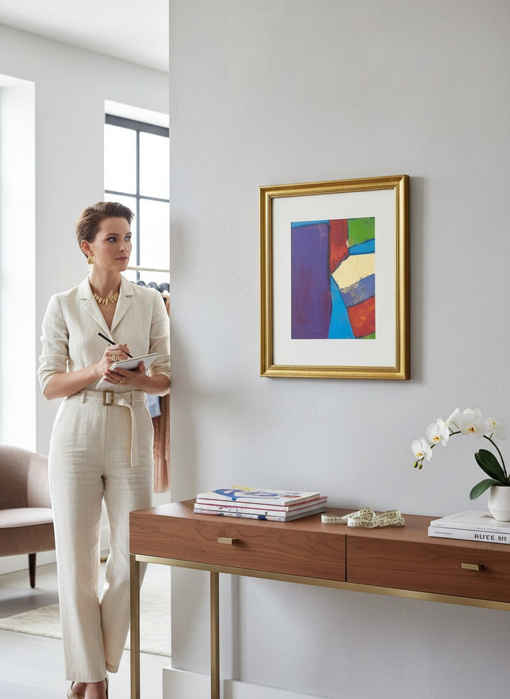 Chic Collective Color Theory in Motion abstract art with violet, cobalt, gold, emerald, coral, and crimson.