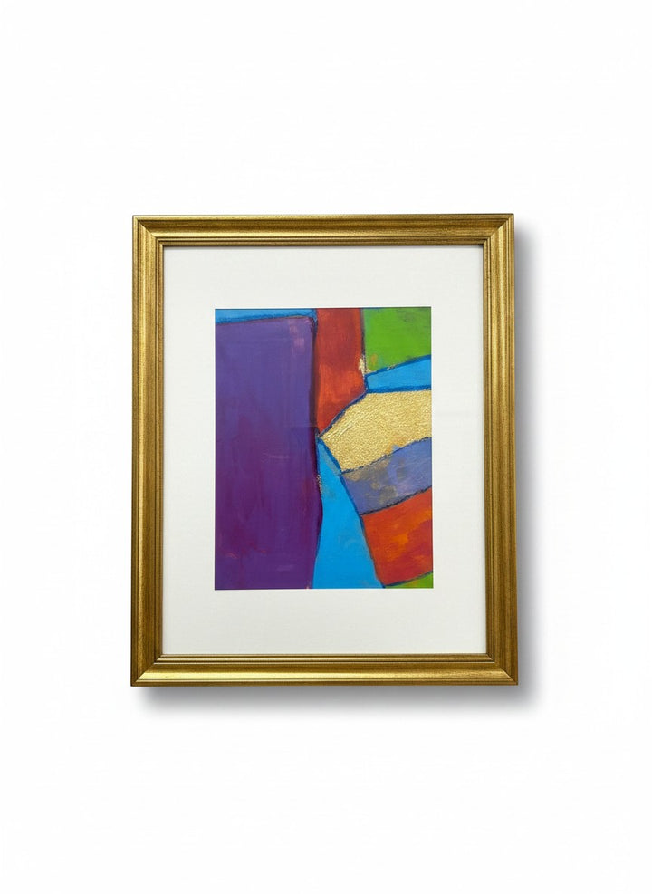Chic Collective Color Theory in Motion abstract painting with bold geometric shapes in violet, cobalt, emerald, coral, crimson, and gold.