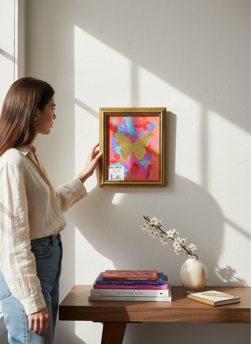 Chic Collective Coral Skies framed artwork with gold butterfly on vibrant coral, blue, violet, and pink background.