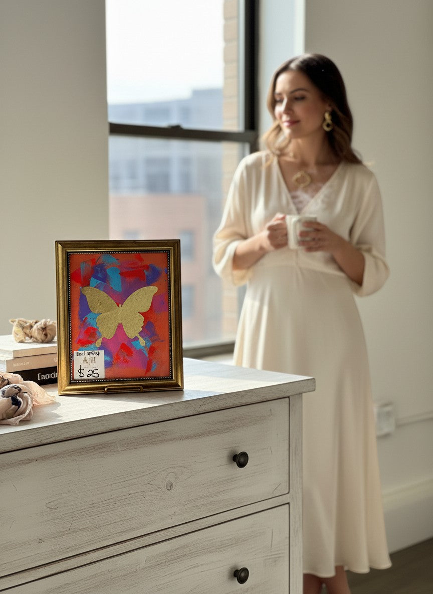 Chic Collective Coral Skies framed artwork with gold butterfly on vibrant coral, blue, violet, and pink background. Antique gold frame.
