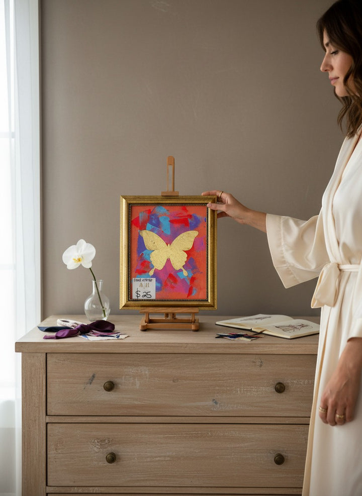 Chic Collective Coral Skies painting with gold butterfly on coral, blue, violet, and pink abstract background. Framed in gold.