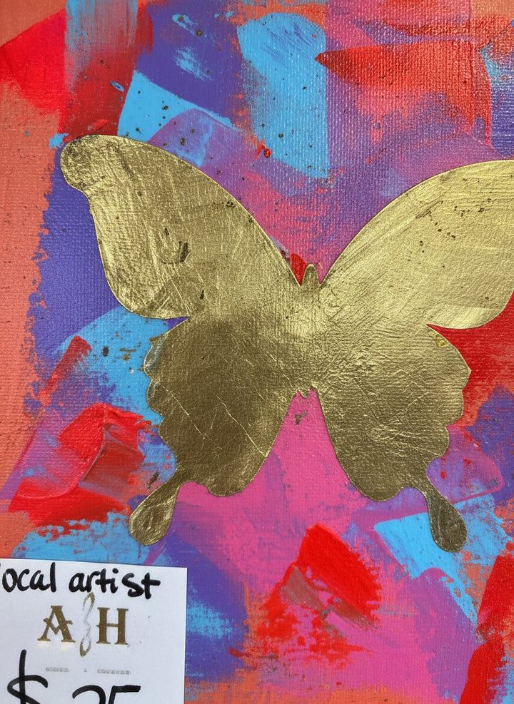 Chic Collective Coral Skies painting with gold butterfly, coral, blue, violet, and pink abstract background.