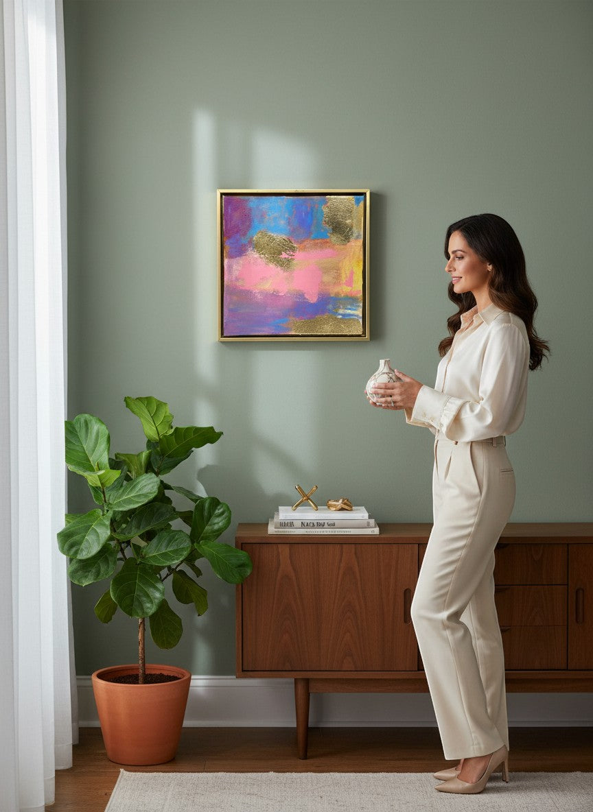 Chic Collective Cotton Candy Skies abstract painting with pink, blue, purple, and gold accents, framed in gold.