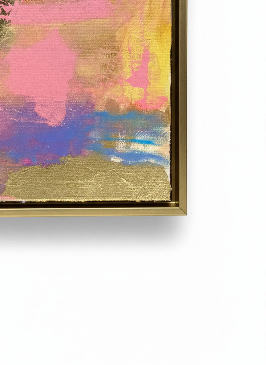 Chic Collective Cotton Candy Skies abstract painting with pink, lavender, blue, violet, and gold accents. Framed art.