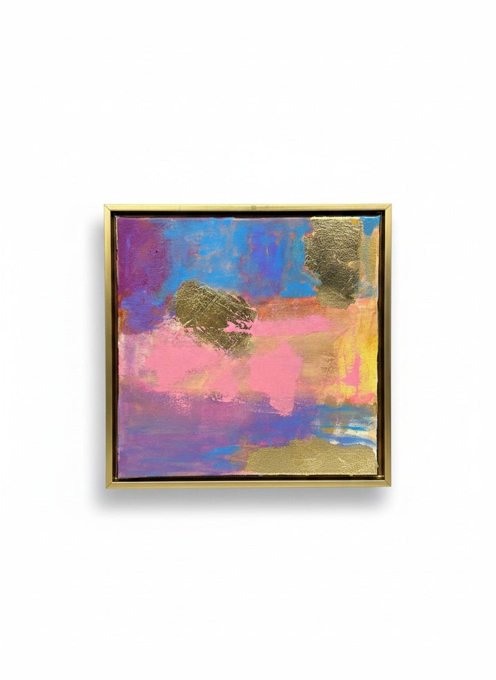 Chic Collective Cotton Candy Skies abstract painting with pink, lavender, blue, and gold accents. Framed art.