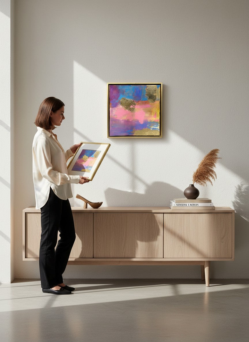 Chic Collective Cotton Candy Skies abstract painting with pink, lavender, blue, violet, and gold accents, framed in gold.