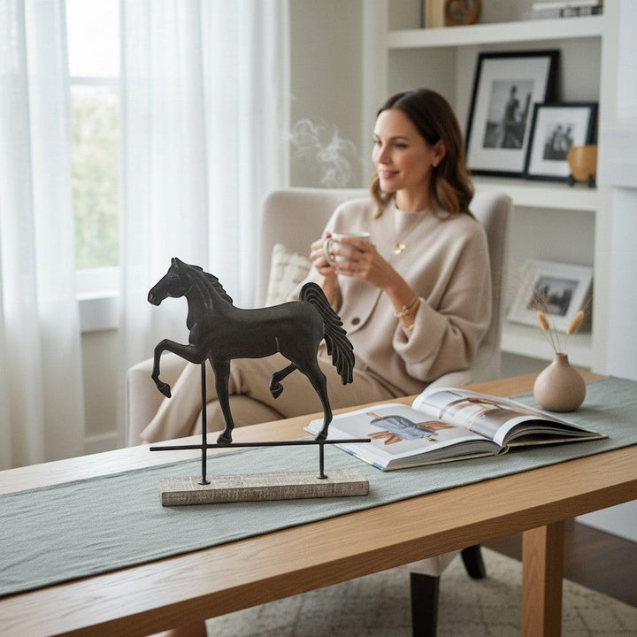 Chic Collective dark metal horse sculpture on distressed wood and metal stand, displayed on a table with a woman in the background.