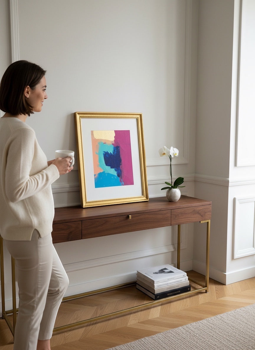 Chic Collective Electric Bloom abstract art with fuchsia, cobalt blue, aqua, blush, and gold.