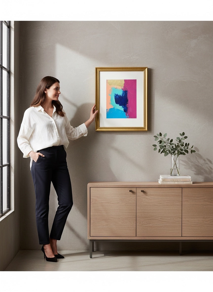 Chic Collective Electric Bloom abstract art with fuchsia, cobalt blue, aqua, blush, and gold. Framed in antique gold.