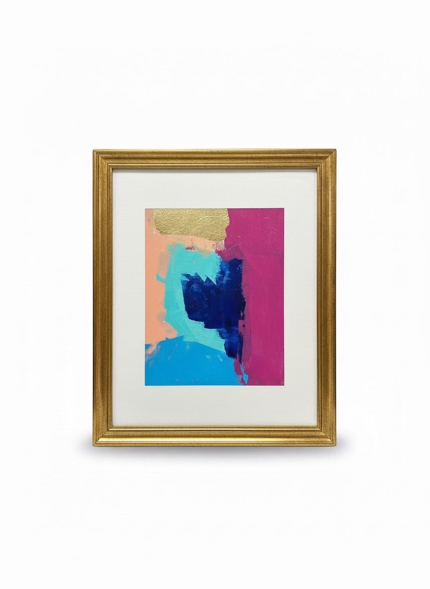 Chic Collective Electric Bloom abstract painting with fuchsia, cobalt blue, aqua, blush, and gold accents in a gold frame.