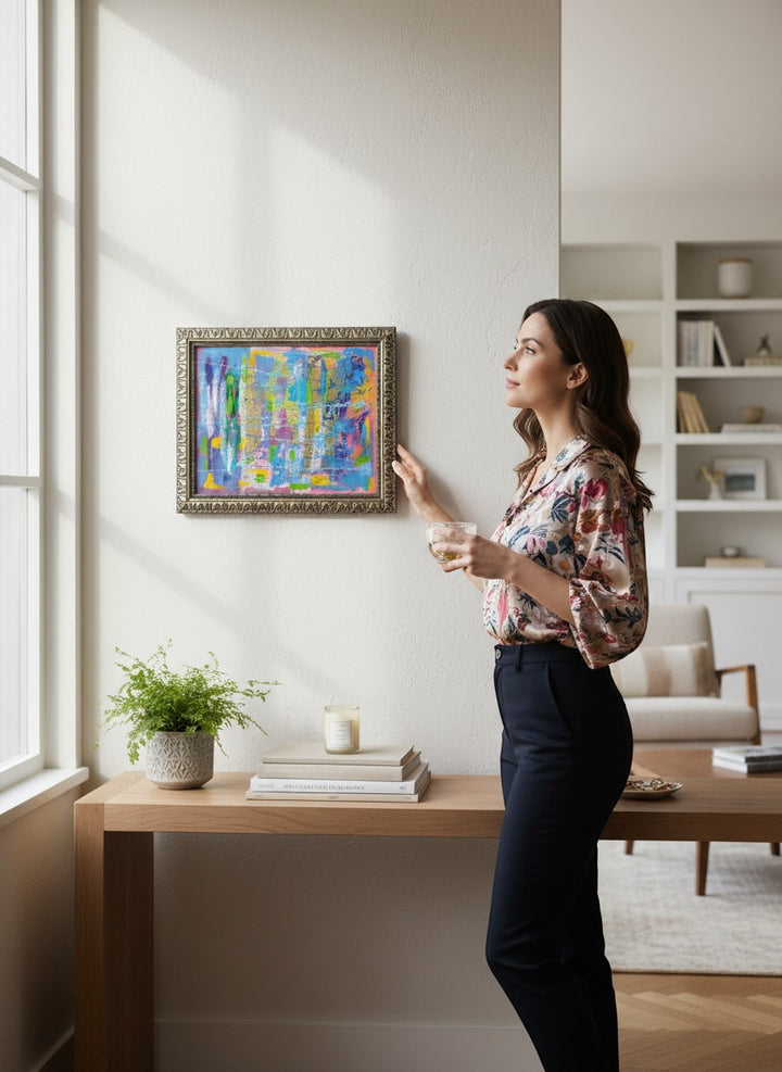 Chic Collective Electric Daydream abstract painting with blush pink, sky blue, citron, violet, turquoise, marigold, and gold leaf.