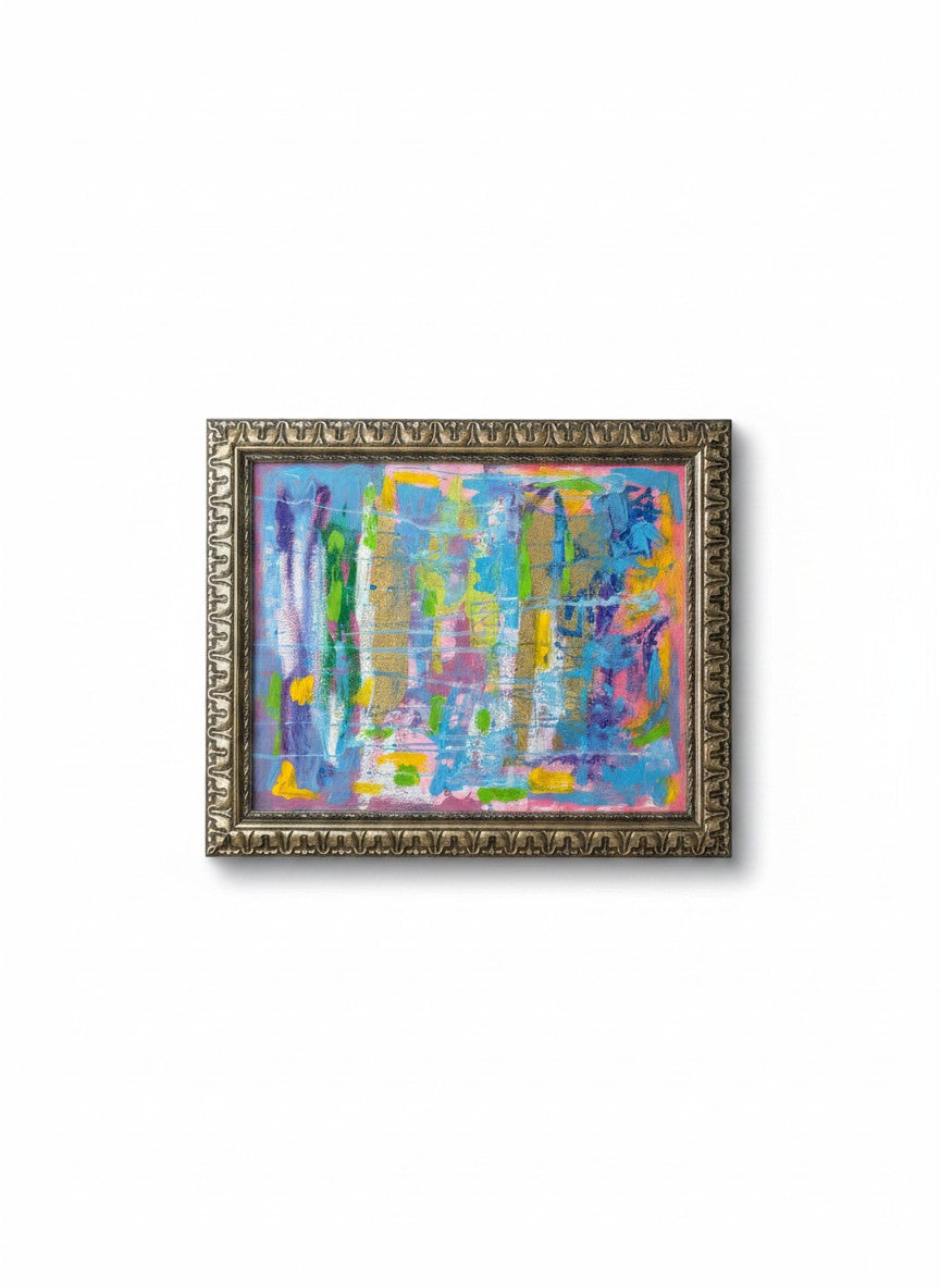 Chic Collective Electric Daydream abstract painting with pink, blue, citron, violet, turquoise, marigold, and gold leaf.