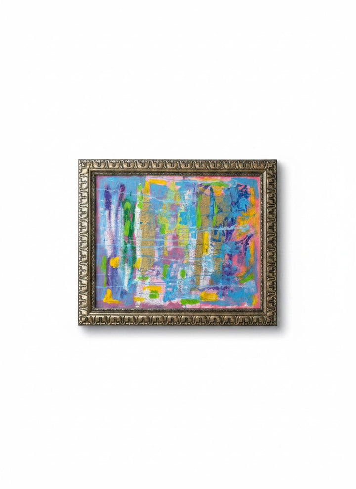Chic Collective Electric Daydream abstract painting with pink, blue, citron, violet, turquoise, marigold, and gold leaf.