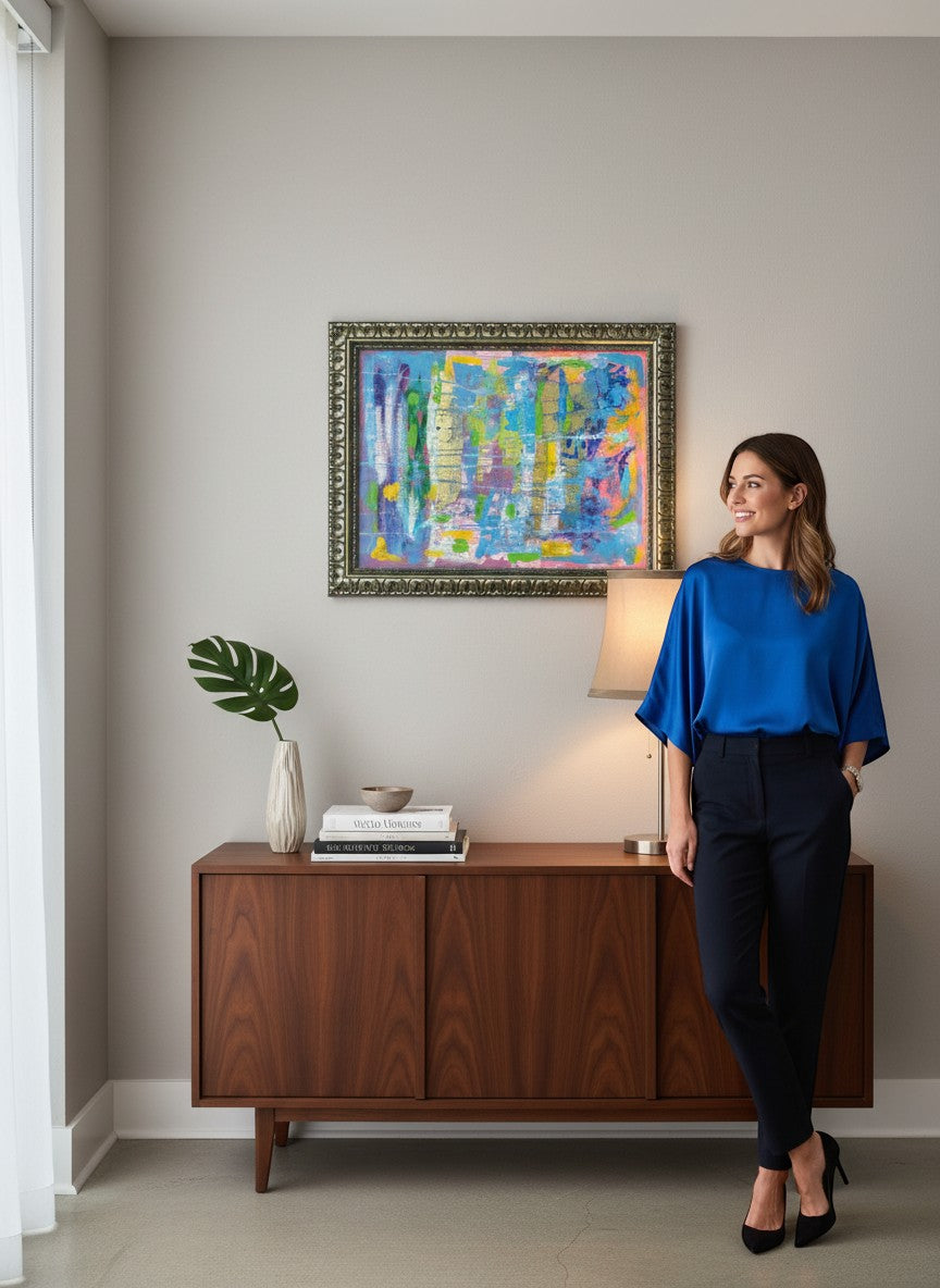 Chic Collective Electric Daydream abstract painting with blush pink, sky blue, citron, violet, turquoise, marigold, and gold leaf.