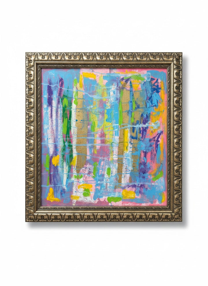 Chic Collective Electric Daydream abstract painting with pink, blue, yellow, violet, turquoise, marigold, and gold leaf.