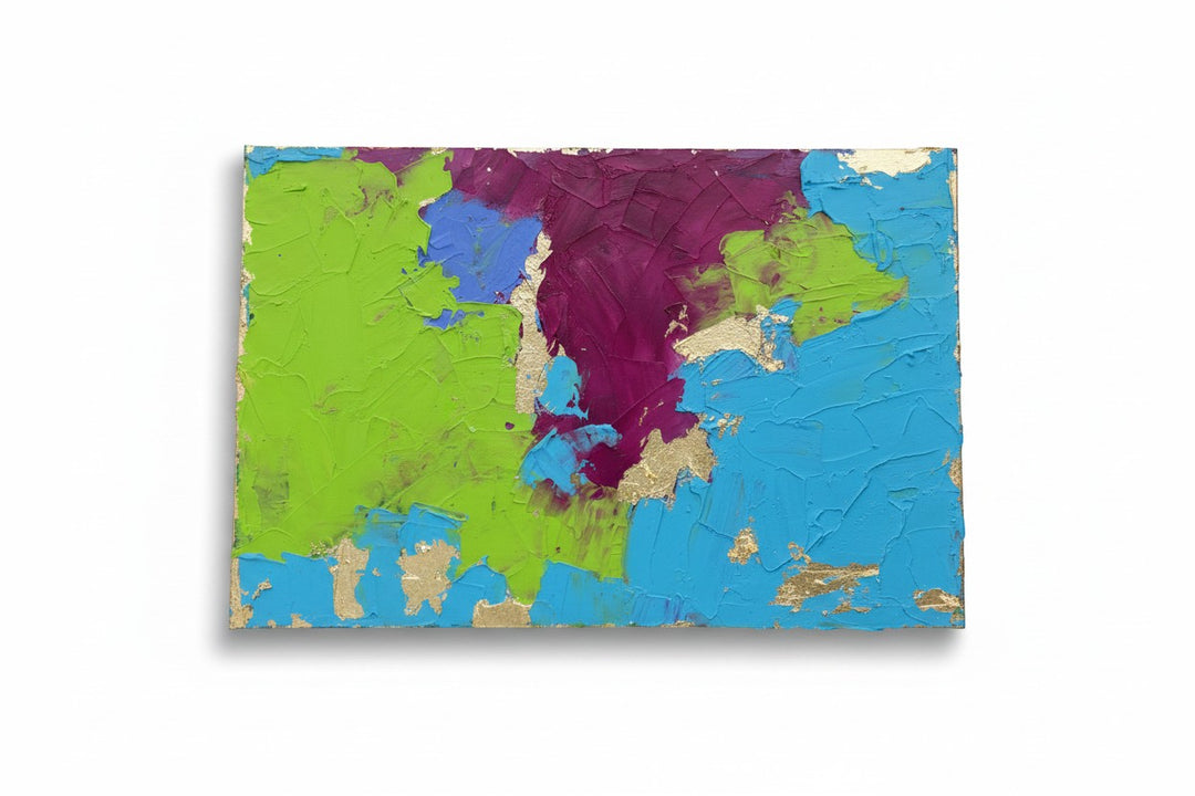 Chic Collective Electric Eden abstract painting with turquoise, chartreuse, plum, and gold leaf.