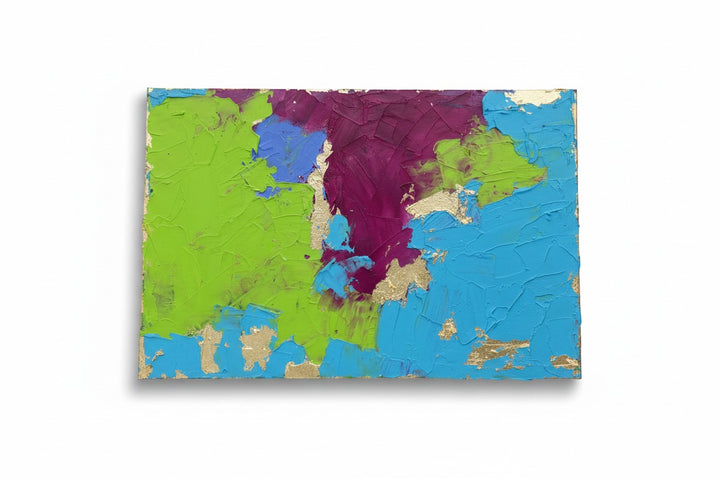 Chic Collective Electric Eden abstract painting with turquoise, chartreuse, plum, and gold leaf.