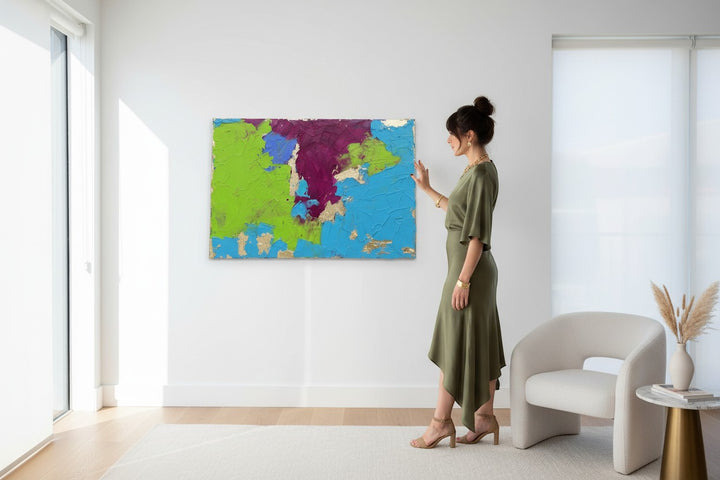 Chic Collective Electric Eden abstract painting with turquoise, chartreuse, plum, blue, and gold leaf textures.