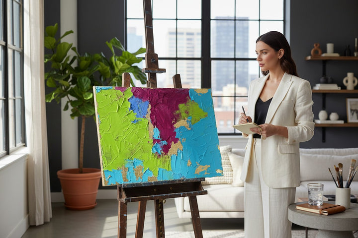 Chic Collective Electric Eden abstract textured painting with turquoise, chartreuse, magenta, and gold leaf.