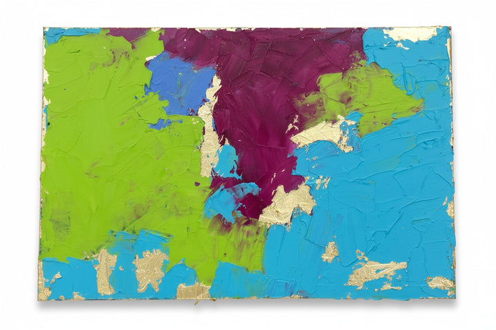 Chic Collective Electric Eden abstract painting with turquoise, chartreuse, plum, and gold leaf accents. Textured impasto style.