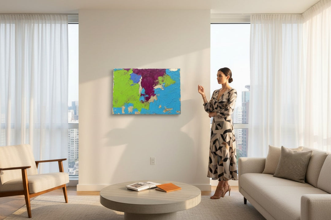 Chic Collective Electric Eden abstract textured painting with turquoise, chartreuse, and plum colors with gold leaf accents.