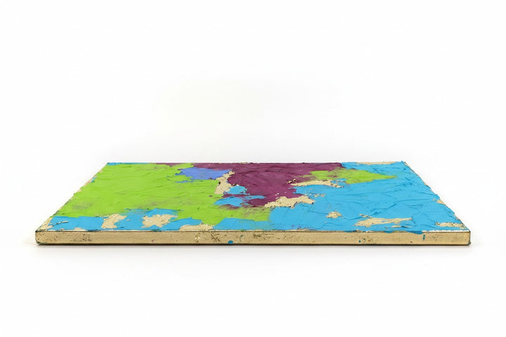 Chic Collective Electric Eden abstract textured painting with turquoise, chartreuse, and plum colors with gold leaf accents.