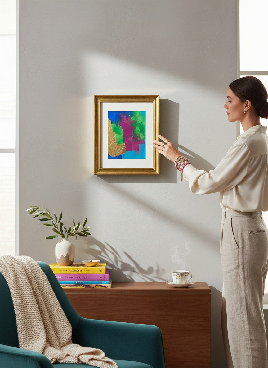 Chic Collective Electric Orchid abstract painting with cobalt, emerald, turquoise, and orchid violet hues and gold leaf accents, framed in gold.