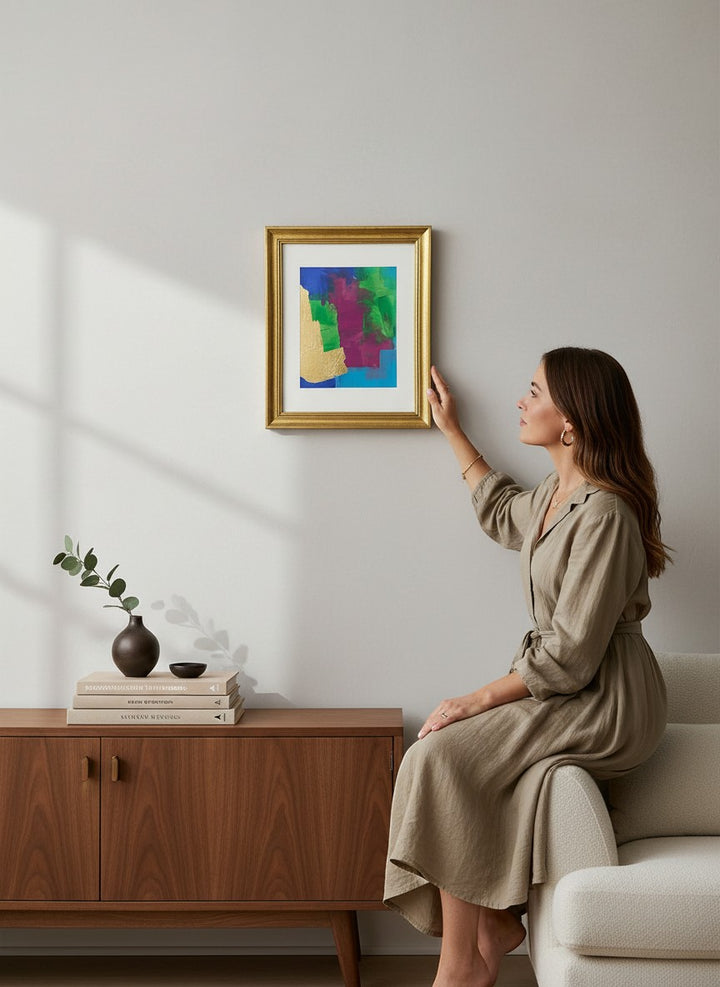 Chic Collective Electric Orchid abstract painting with cobalt, emerald, turquoise, and orchid violet hues and gold leaf accents.