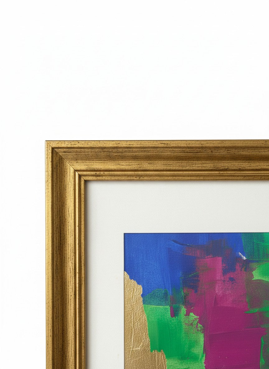 Chic Collective Electric Orchid abstract painting with bold jewel tones and gold leaf accents, framed.