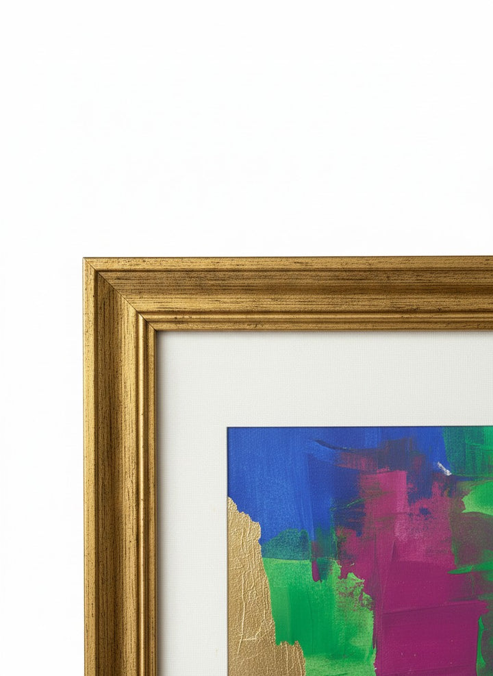 Chic Collective Electric Orchid abstract painting with bold jewel tones and gold leaf accents, framed.