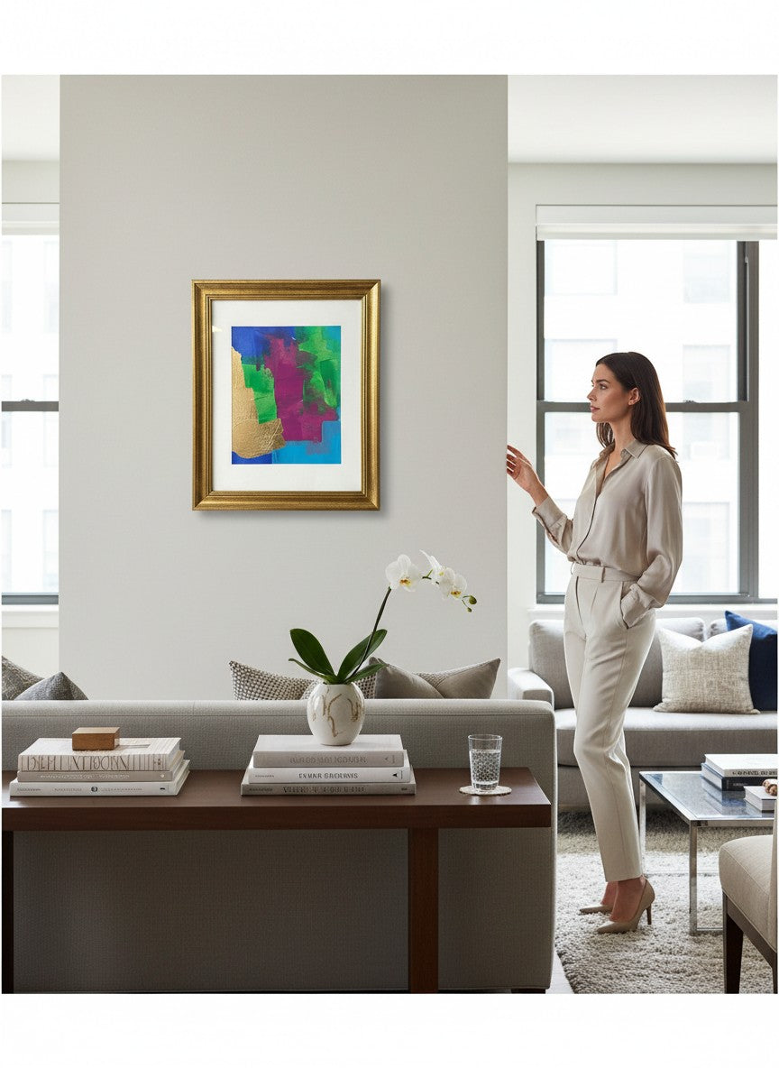 Chic Collective Electric Orchid abstract painting with gold leaf, cobalt, emerald, turquoise, and orchid violet.