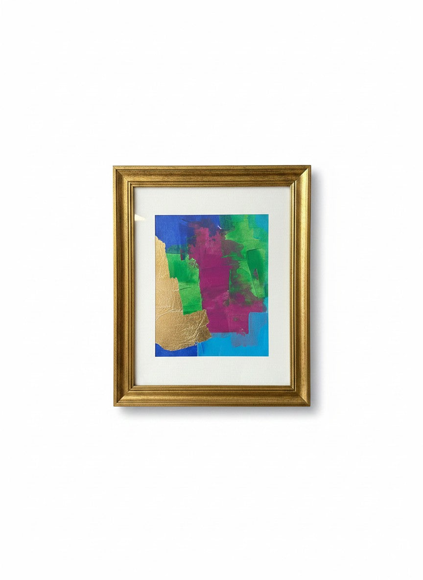 Chic Collective Electric Orchid abstract painting with bold jewel tones and gold leaf accents, framed.