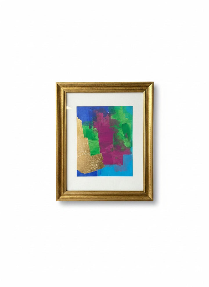 Chic Collective Electric Orchid abstract painting with bold jewel tones and gold leaf accents, framed.