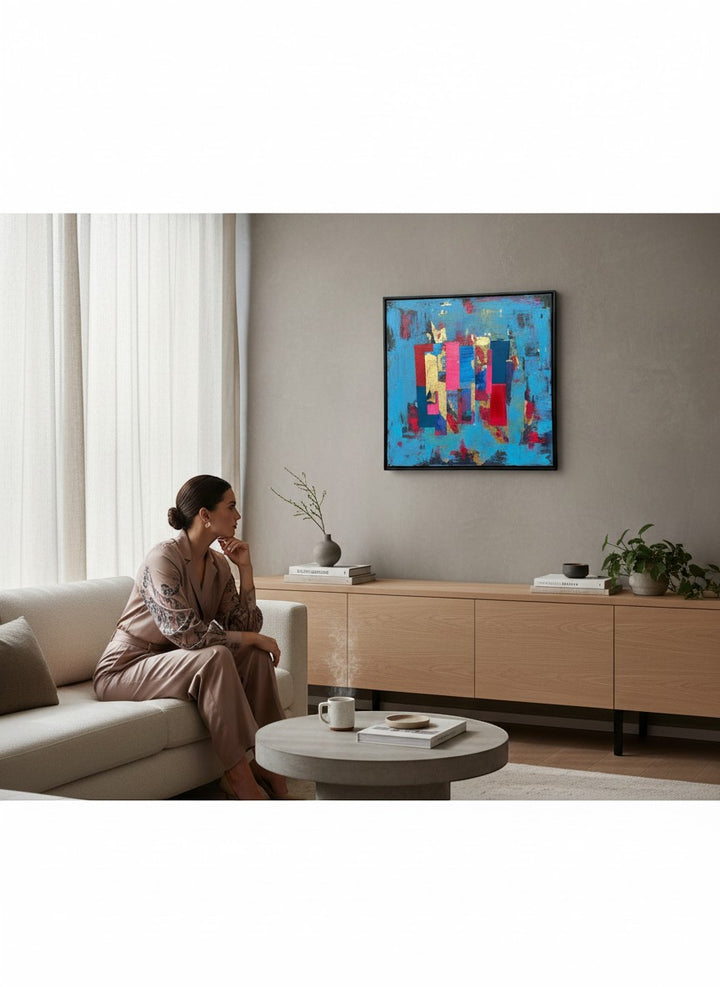 Chic Collective Electric Rhythm abstract art with blue, crimson, magenta, violet, indigo, and gold leaf.