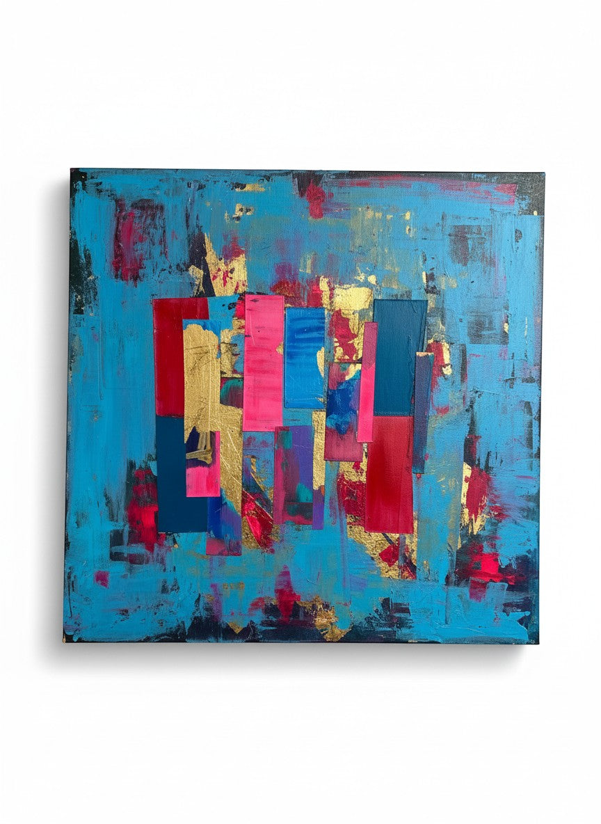 Chic Collective Electric Rhythm abstract art with cerulean blue, crimson, magenta, violet, indigo, and gold leaf.