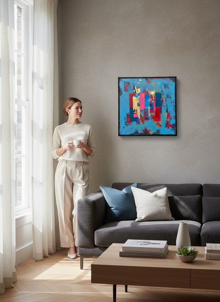 Chic Collective Electric Rhythm abstract art with cerulean blue, crimson, magenta, violet, indigo, and gold leaf.