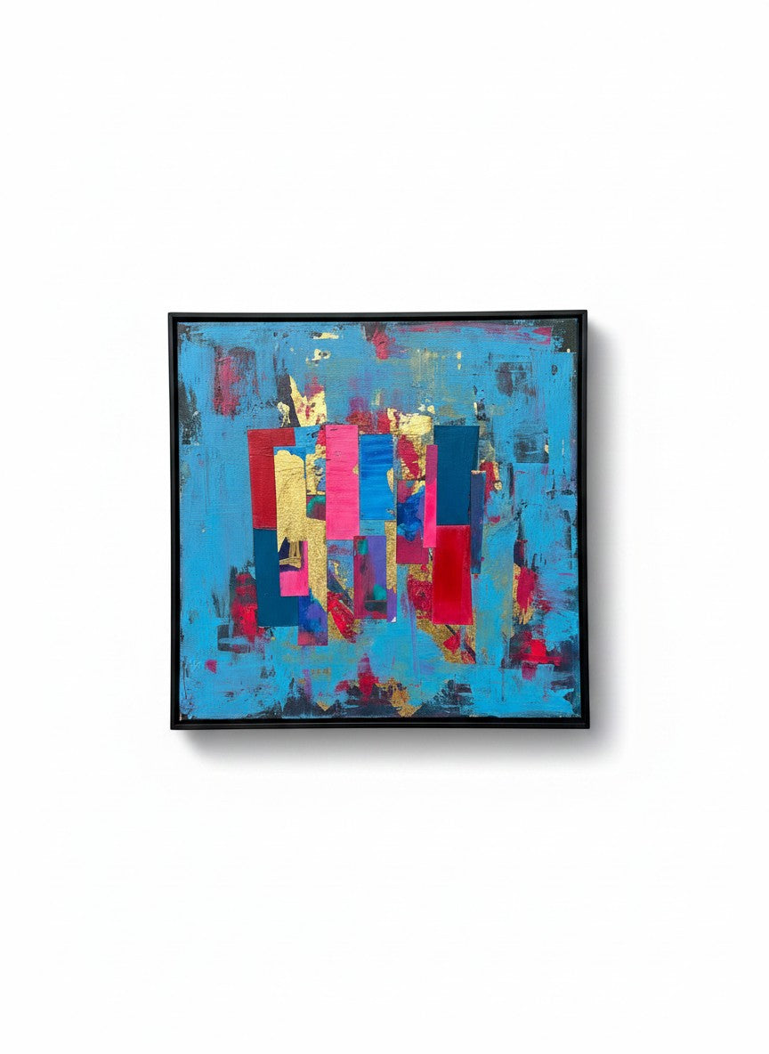 Chic Collective Electric Rhythm abstract painting with blue, crimson, magenta, violet, indigo, and gold leaf.