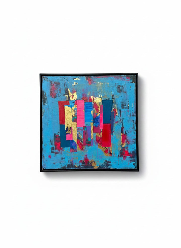 Chic Collective Electric Rhythm abstract painting with blue, crimson, magenta, violet, indigo, and gold leaf.